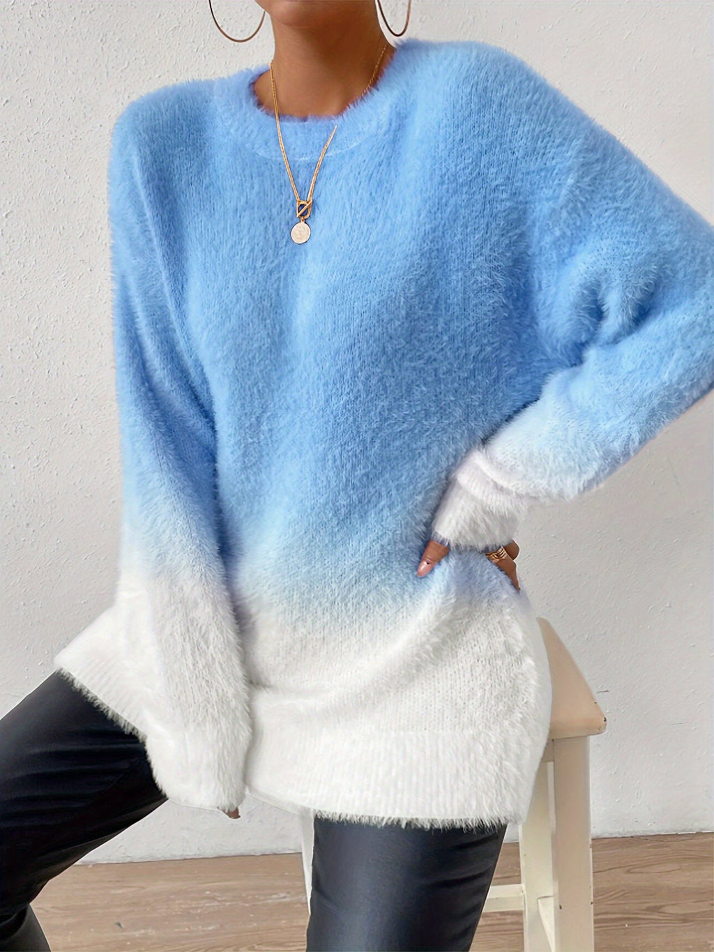 Gradient Fuzzy Crew Neck Sweater